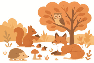 Minimalist line vector of forest animals in autumn