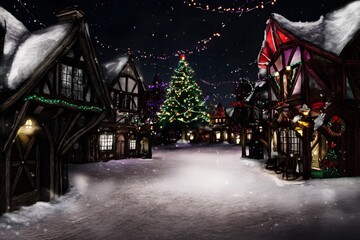 Enchanting Winter Village Scene with Glowing Christmas Tree at Night