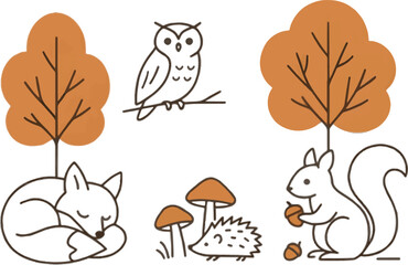 Minimalist line vector of forest animals in autumn