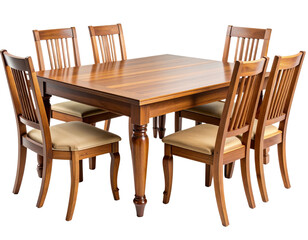  Classic Wooden Dining Table Set with Four Chairs, Isolated on White Background PNG