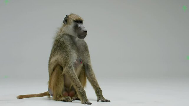 African Baboon Primate Sitting Calmly on Clean White Studio Background, Isolated Full Body Portrait