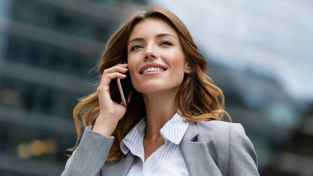 Sophisticated Call: A confident businesswoman, impeccably dressed in a tailored blazer, engages in a phone call, radiating professionalism against a blurred urban backdrop. 