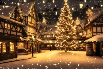 Magical Snowfall in a Village Square with a Decorated Christmas Tree