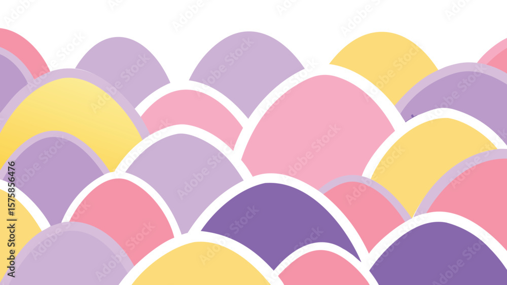 Poster abstract overlapping pastel colored scalloped shapes with white outlines forming a pattern design