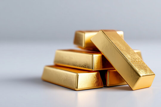 A stack of shiny gold bars piled on top of each other against a light gray and white background