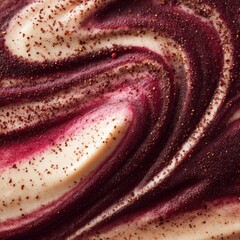 Acai and yogurt smoothie swirl with berry powder on white base, top view. Macro shot of creamy layered texture. Superfood and healthy dessert concept. Design for packaging, label, print

