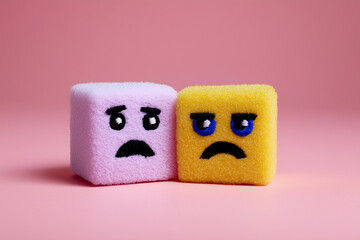 Two sad cube shaped characters in pink and yellow on a pink background expressing sadness and loneliness