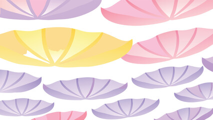 Pastel colored umbrella pattern with yellow pink and lavender umbrellas on a white background