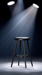 A black stool is illuminated by two spotlights against a dark background in a studio setup
