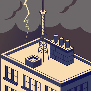 Rooftop lightning rod and antennas on building during stormy weather  