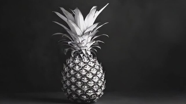 Ripe pineapple standing on dark background in black and white