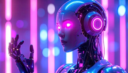 Fototapeta premium Futuristic robot woman in vibrant neon light