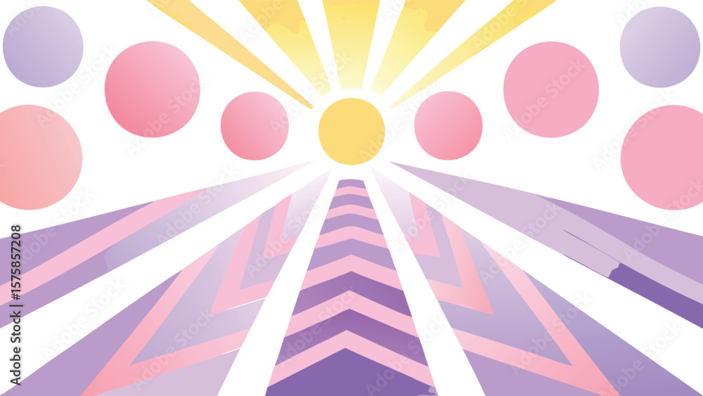 Poster abstract pastel colored background with circles, sun rays, and chevron pattern creating perspective