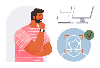Man thinking with crossed arms beside digital devices and face scan icon. Ideal for tech innovation, data security, digital identity, AI, user experience, problem-solving, modern technology. Simple