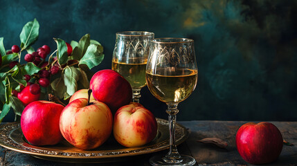 Still life with apples and apple wine. Two glasses of cider with fresh fruit on a dark background.