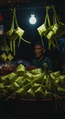 Fototapeta premium Night Market Ketupat Seller: A Glimpse into Indonesian Ramadan Traditions