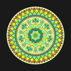 Round floral multicolor pattern, wall or page decoration. Seamless stylized round floral borders. 