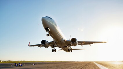 Commercial passenger airplane taking off from an airport runway against a bright clear sky at sunset.
