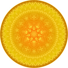 Round floral pattern, wall or page decoration. Yellow color on gold dust gradient backdrop. 