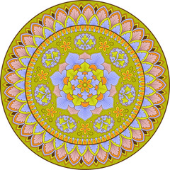 Round floral multicolor pattern, wall or page decoration. Seamless stylized round floral borders. 