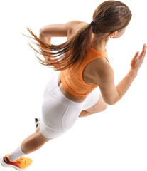 Sporty woman in orange top and white shorts sprinting with flying ponytail. Concept of motion,...