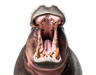 Hippopotamus open mouth close up showing teeth and pink interior detail ideal for nature conservation and animal biology projects