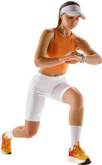 Female athlete checking smartwatch after training. Concept of fitness routine tracking and active...