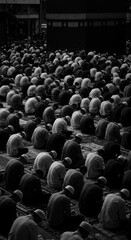 Obraz premium A Reverent Gathering: Muslim Congregation in Prayer at Mecca
