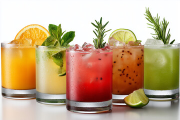 five  refreshing, vibrant beverages in clear glasses, garnished with fresh herbs and citrus slices, showcasing a variety of colorful concoctions ideal for any occasion.

