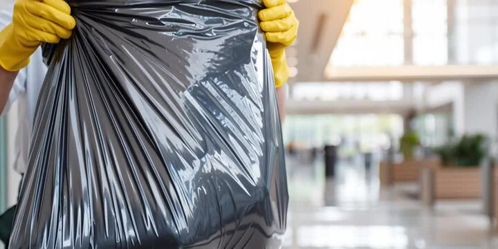 Janitor Holding Full Trash Bag in Modern Commercial Building