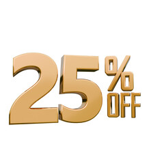 Golden 3D 25% Off Discount Text with Glossy Finish and Transparent Background, Bold Golden 3D Number 25, Retail Promotion Discount Graphic