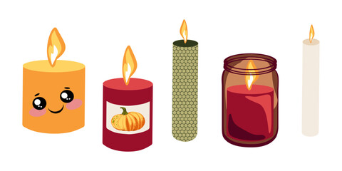 Vector candle set including pillar, beeswax, glass jar, and kawaii autumn candles. Great for seasonal clipart collections, planner stickers, and cozy home decor themes.