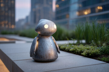 Quirky Robot Character: A weathered metal robot with glowing eyes stands amidst modern architecture and greenery, creating a futuristic scene.