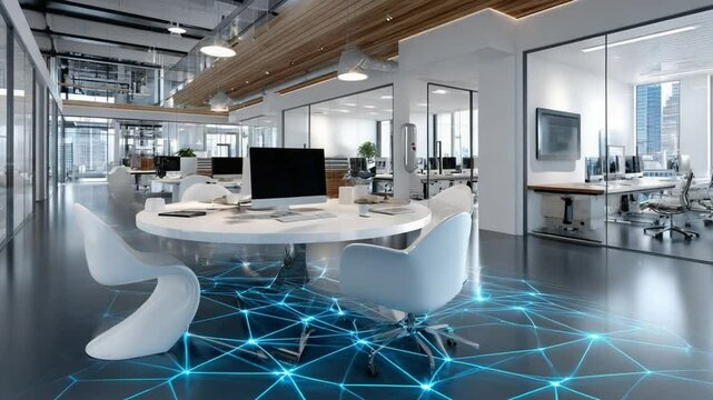 Futuristic office with data grid: A modern office space, featuring a curved white desk, chairs, and a network of interconnected blue lines on the floor.
