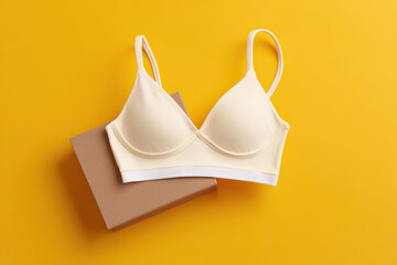 A minimalist pale yellow bra rests on a light brown box against a bright yellow background. The image is clean and focuses on the bra.