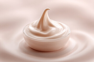 A luxurious, smooth cream in a glass bowl, surrounded by an evenly toned backdrop. The gentle swirls add a delicate touch.
