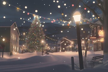 Festive Winter Village Scene with Christmas Tree and Snowfall