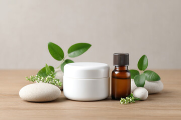 Elegant skincare presentation with amber bottle, cream jar, river stones, and foliage, showcasing a natural, minimalist approach to self-care.