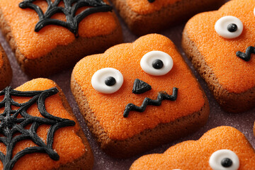 Festive Halloween cookies with orange frosting, spooky spiderwebs, and pumpkin faces, perfect for a Halloween treat!