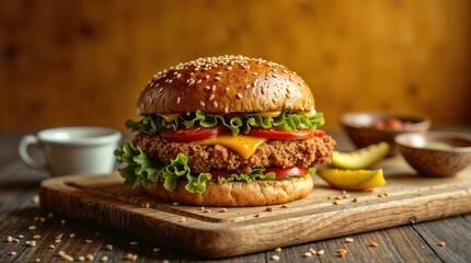 Juicy crispy chicken burger with cheese and fresh vegetables on a rustic wooden board.