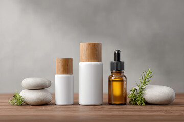 Natural beauty products display featuring two white cosmetic bottles with wooden lids, and an amber dropper bottle, adorned with stones and greenery.