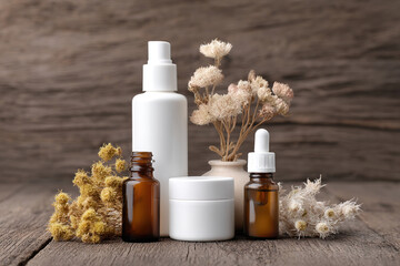 Botanical skincare products in minimalist packaging on rustic wood surface, accompanied by dried flowers in soft natural lighting.
