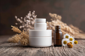 Cosmetic products on a wooden surface with dried floral elements. Natural skincare concept. Clean, modern and earthy aesthetic.