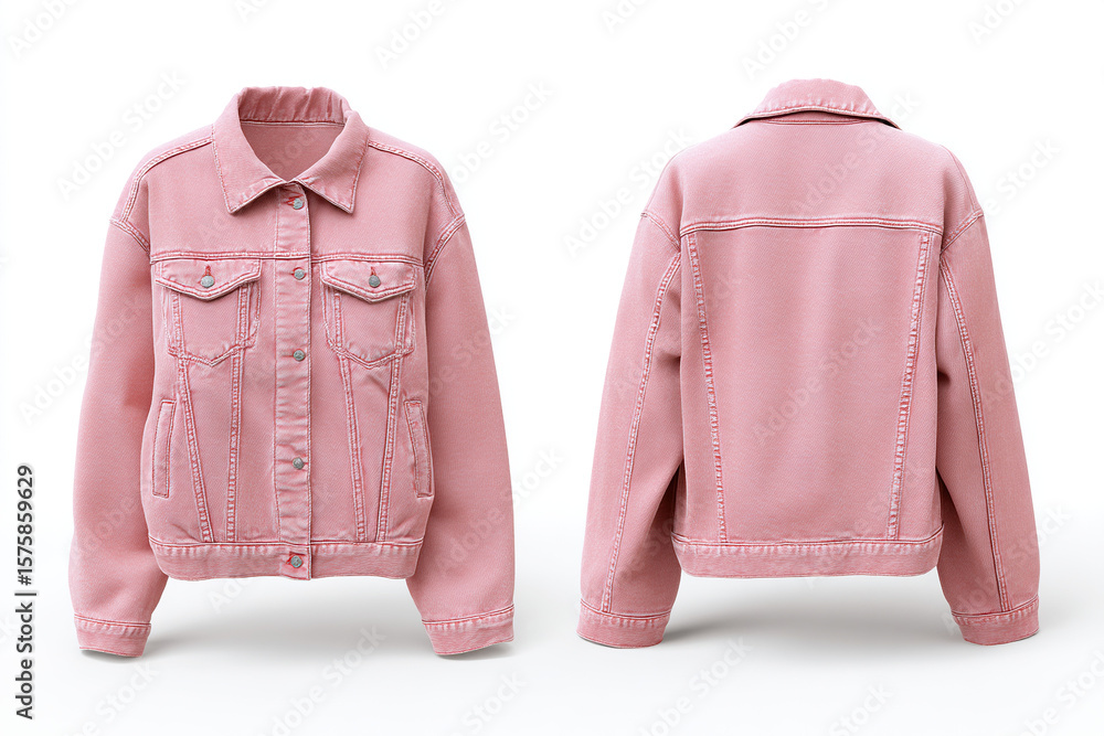 Poster front and back views of a light red, collared denim jacket with button closure. garment has pockets 