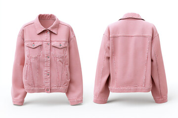 Front and back views of a light red, collared denim jacket with button closure. Garment has pockets and detailed stitching. Casual design.