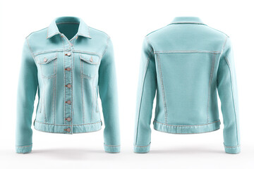 Stylish Light Blue Denim Jacket. Front and back views showcase a classic design with button closure and pockets.
