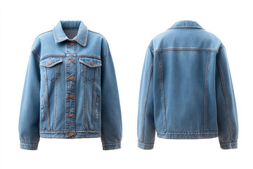 Classic denim jacket, a timeless style staple for versatile fashion. Front and back view, light blue wash with copper buttons.