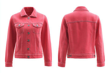 Stylish Red Denim Jacket: Front and back views of a modern, fitted denim jacket in a vibrant red hue, perfect for layering and everyday wear.