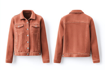Front and back view of a rusty orange denim jacket with metal buttons. Collared, pockets, and made of twill.