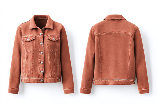 Front and back view of a rusty orange denim jacket with metal buttons. Collared, pockets, and made of twill.